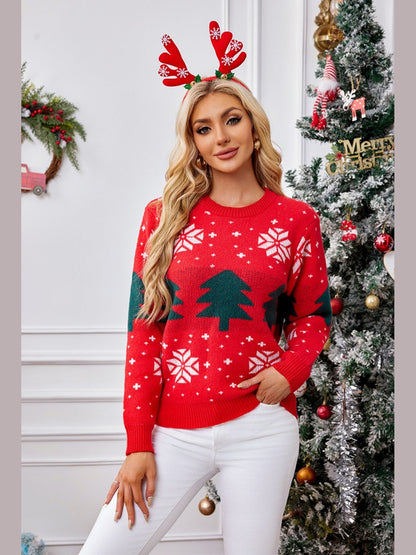 Women Christmas Tree Round Neck Long Sleeve Sweater nicholesgifts