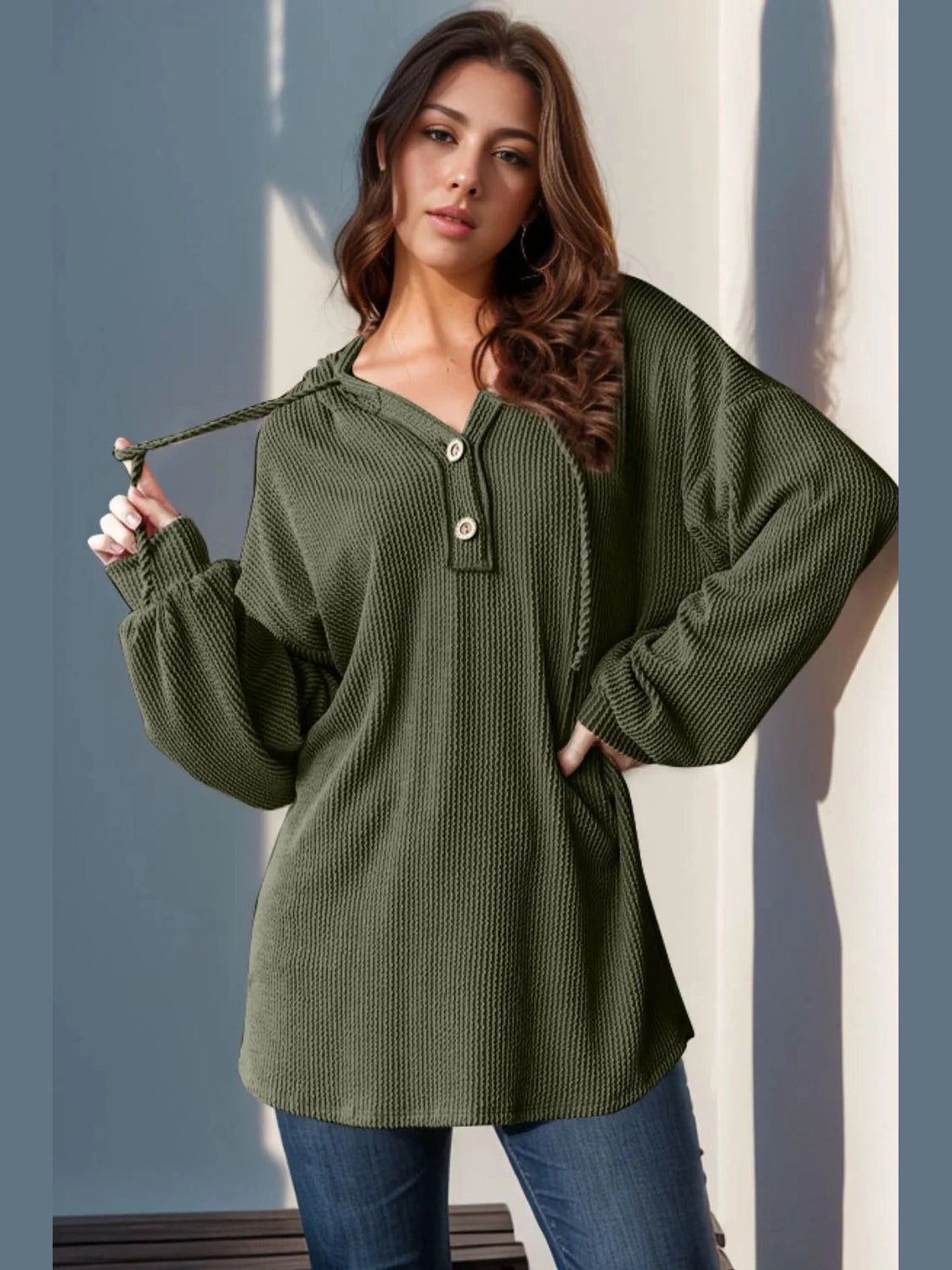 Double Take Full Size Half Button Long Sleeve Hoodie Trendsi