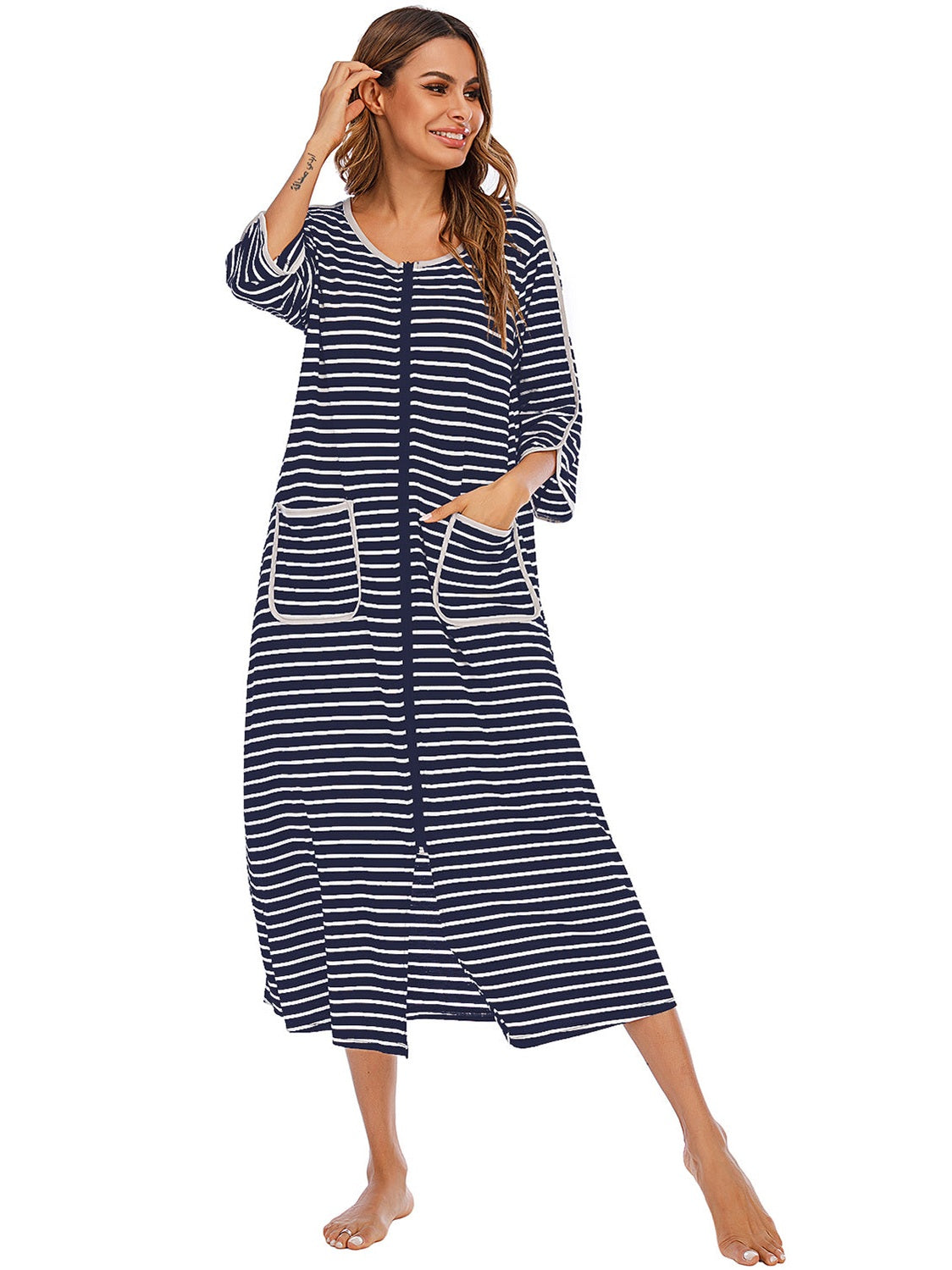 Round Neck Three-Quarter Sleeve Midi Night Dress nicholesgifts