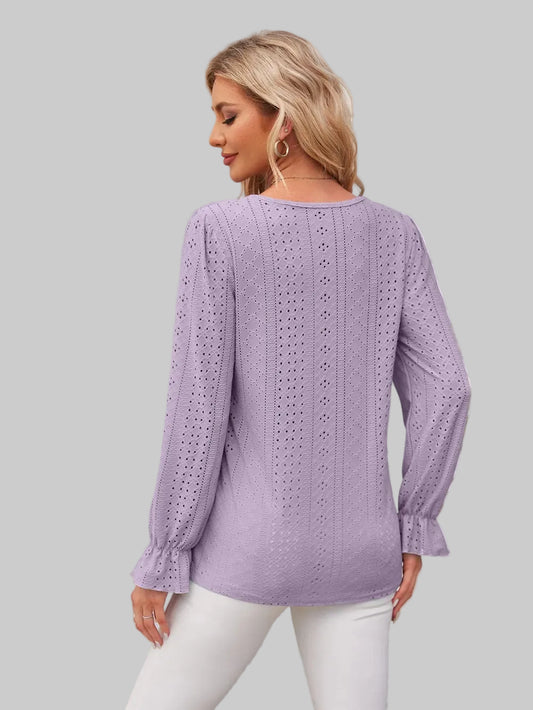 Applique V-Neck Flounce Sleeve T-Shirt nicholesgifts