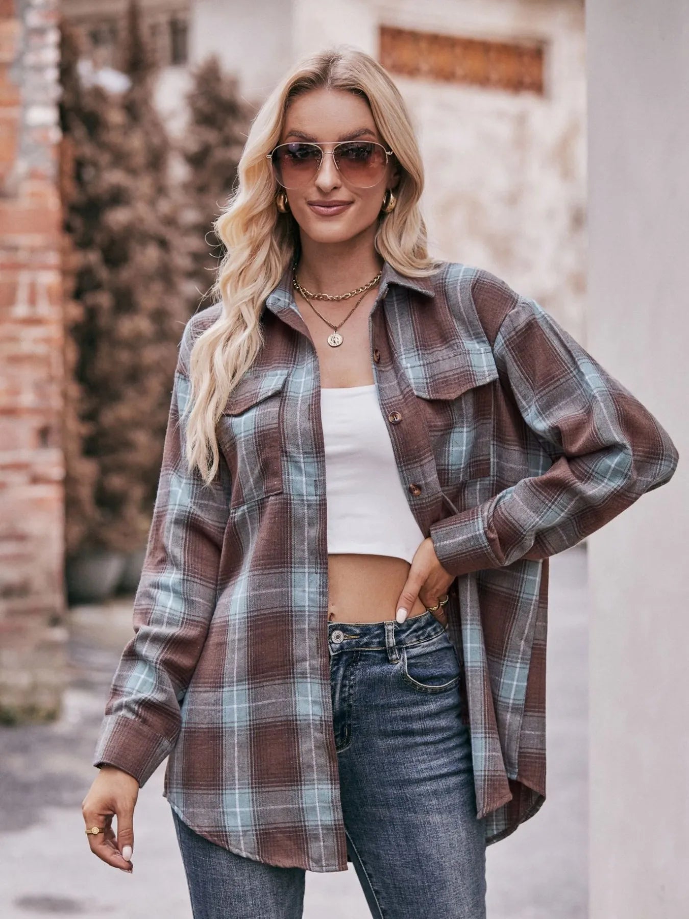 Plaid Button-Down Long Sleeve Shirt Trendsi