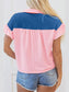 Color Block Half Buttoned Ruffled Short Sleeve T Shirt nicholesgifts