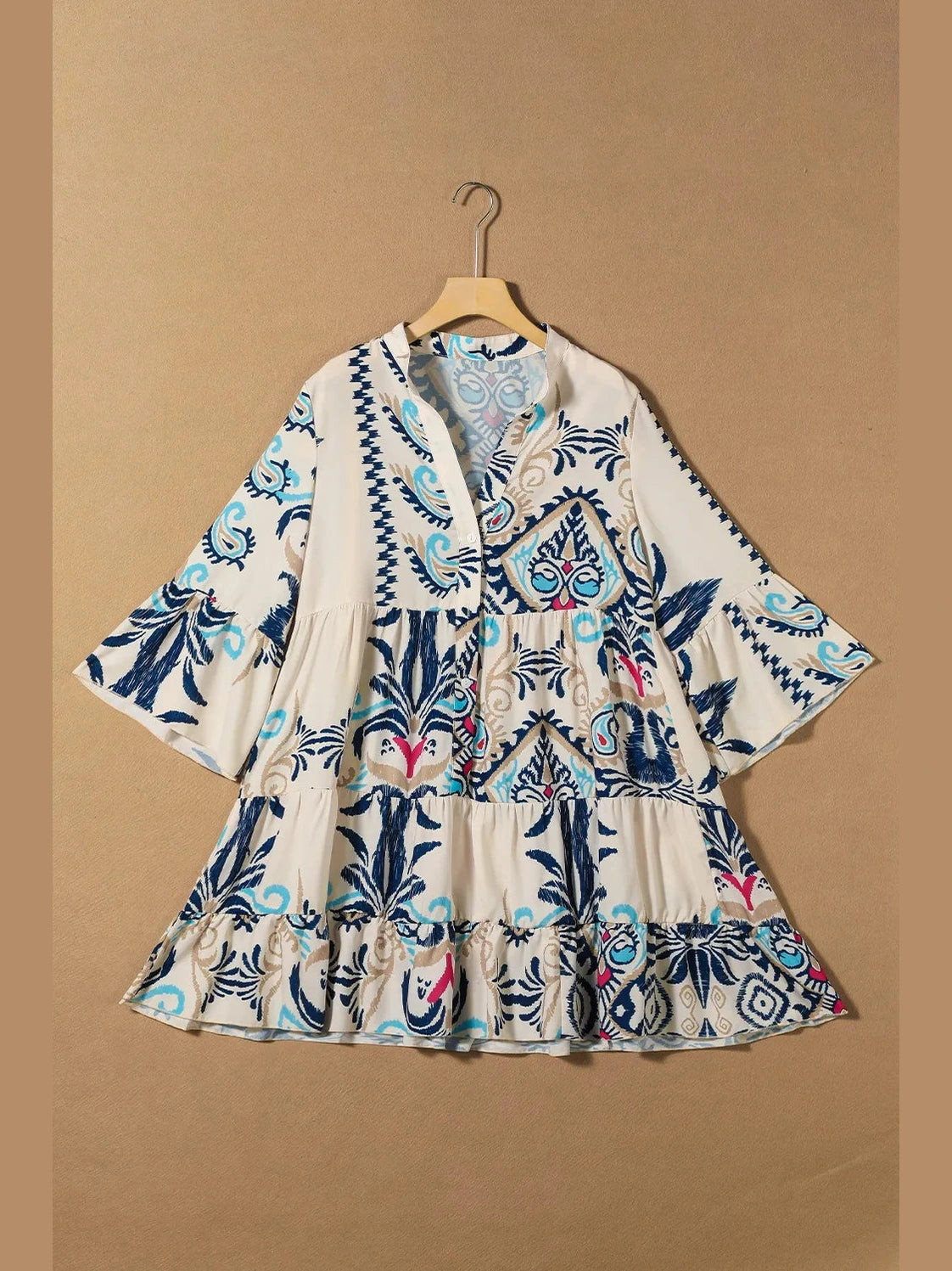 Printed Notched Three-Quarter Sleeve Mini Dress Trendsi