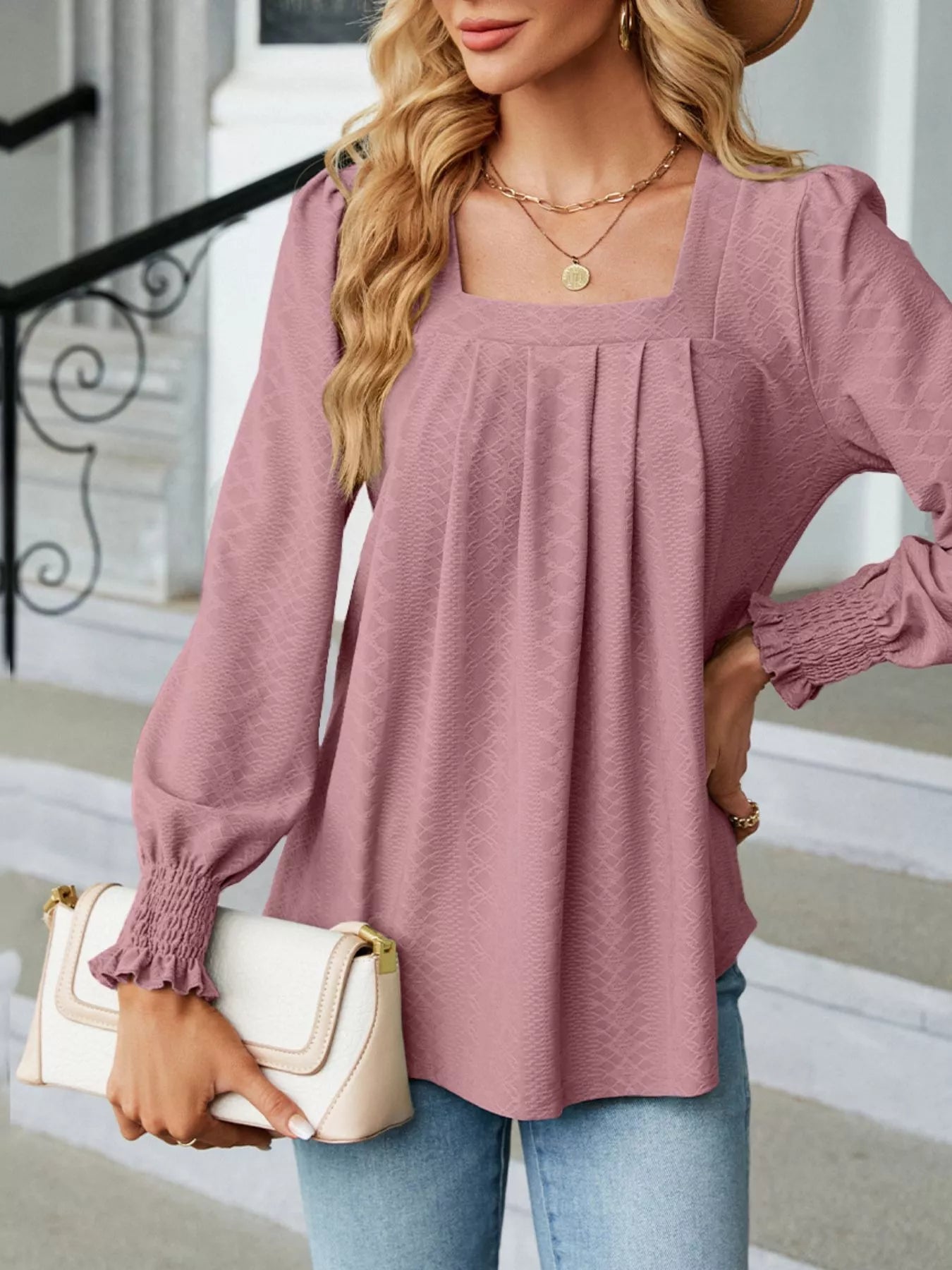 Pleated Square Neck Long Sleeve Top Trendsi