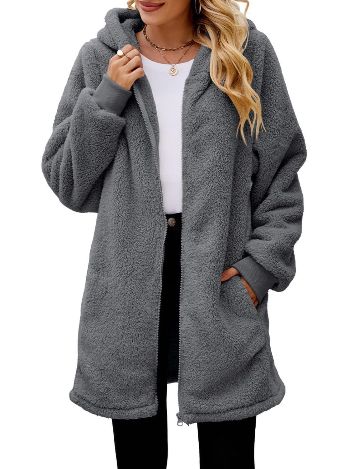 Fuzzy Pocketed Zip Up Long Sleeve Hooded Jacket NicholesGifts