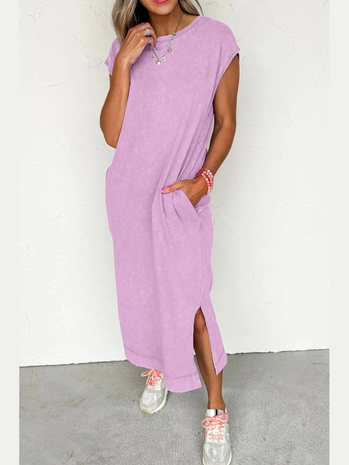Side Split Round Neck Cap Sleeve T-Shirt Dress NicholesGifts