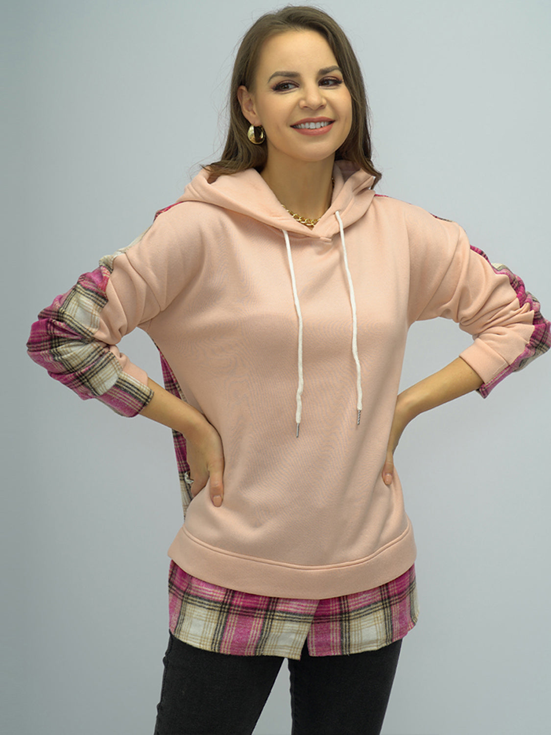 NicholesGifts Women Shiny Plaid Drawstring Drop Shoulder Slit Hoodie NicholesGifts