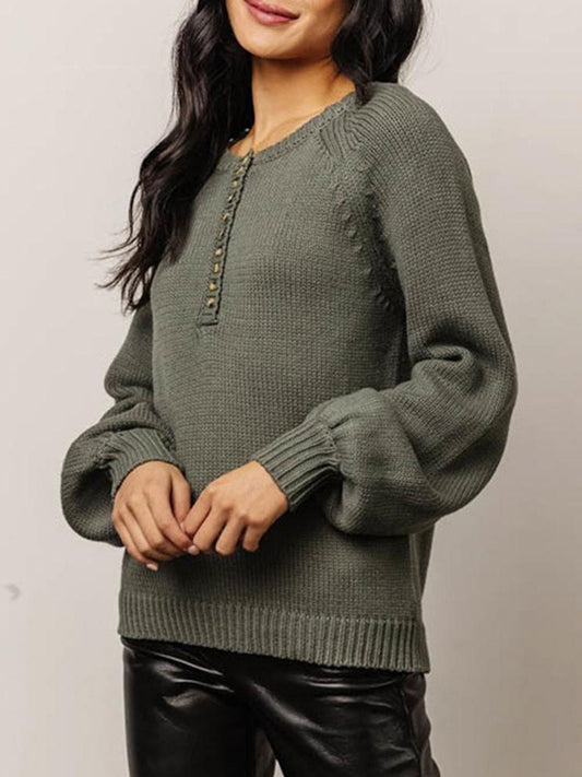 Buttoned Round Neck Long Sleeve Sweater Trendsi