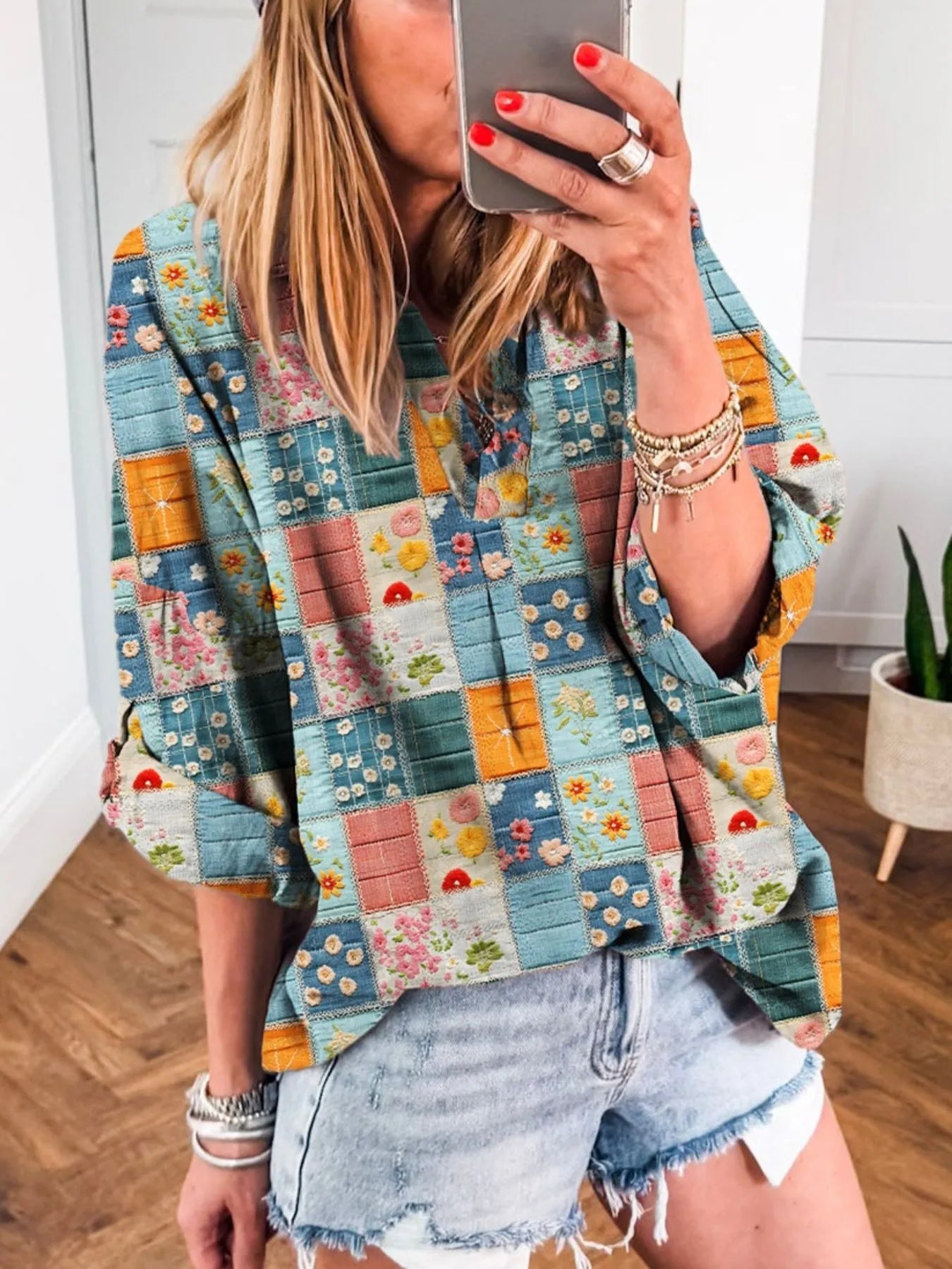 Patchwork Print Notched Long Sleeve Blouse NicholesGifts