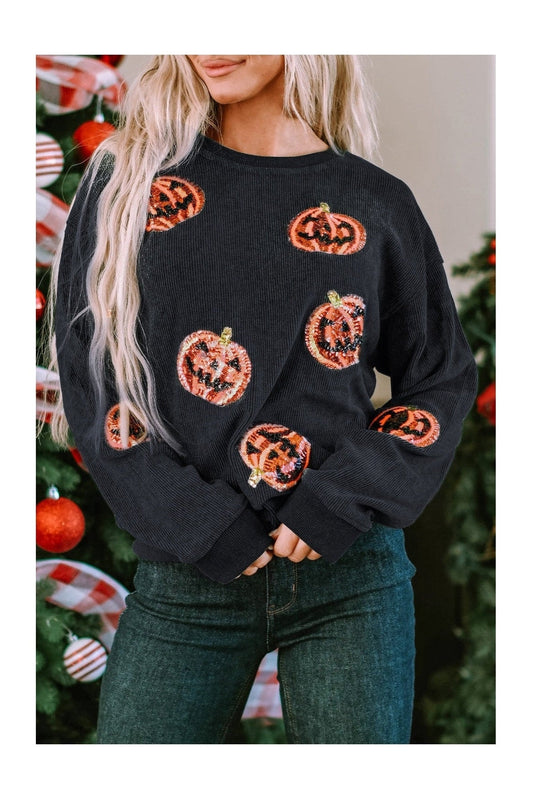 Sequin Patch Pumpkin Round Neck Sweatshirt NicholesGifts