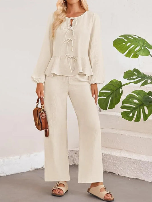 Tie Neck Balloon Sleeve Top and Pants Set nicholesgifts