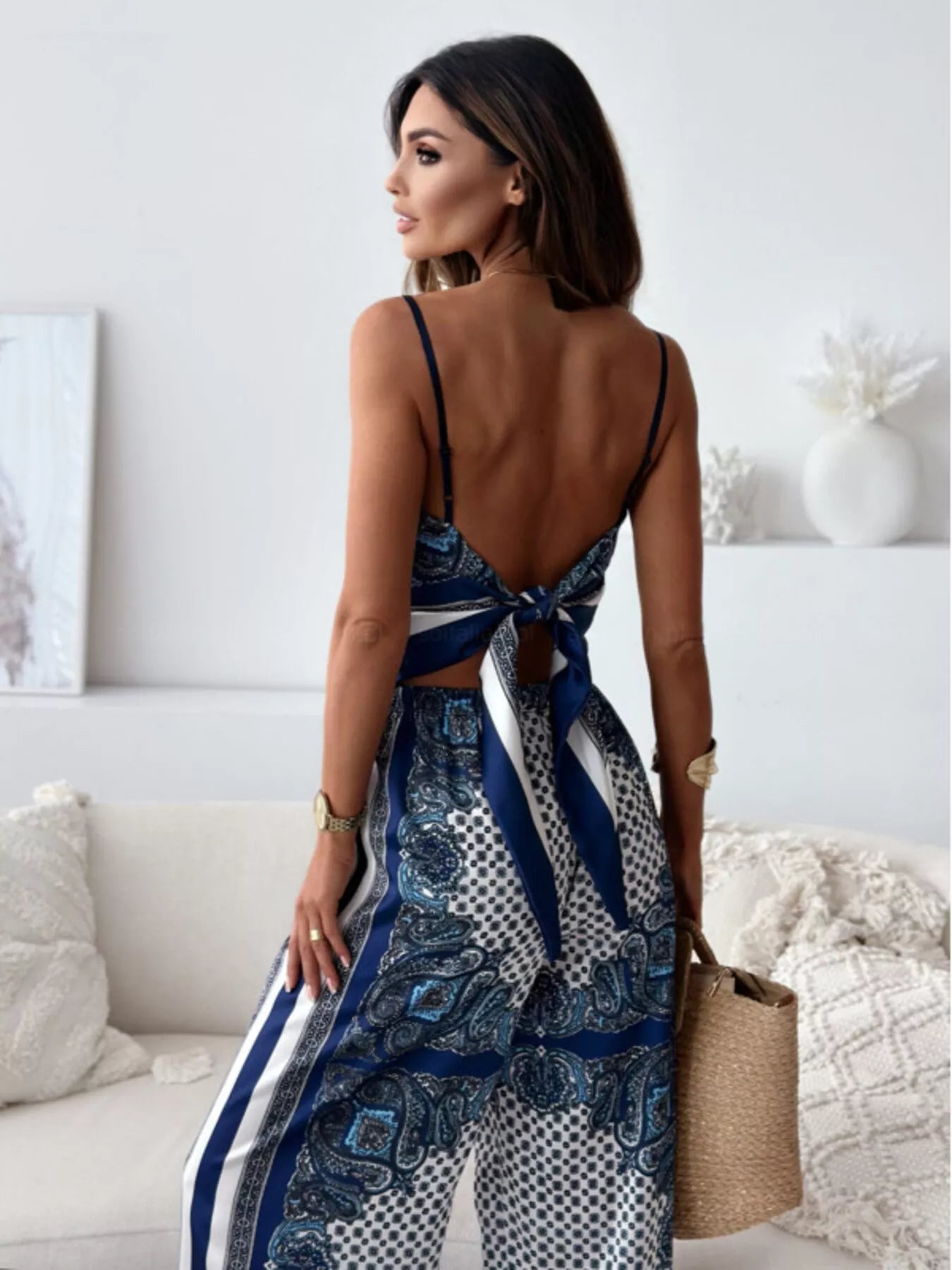 Tie Back Printed Cami and Pants Set Trendsi