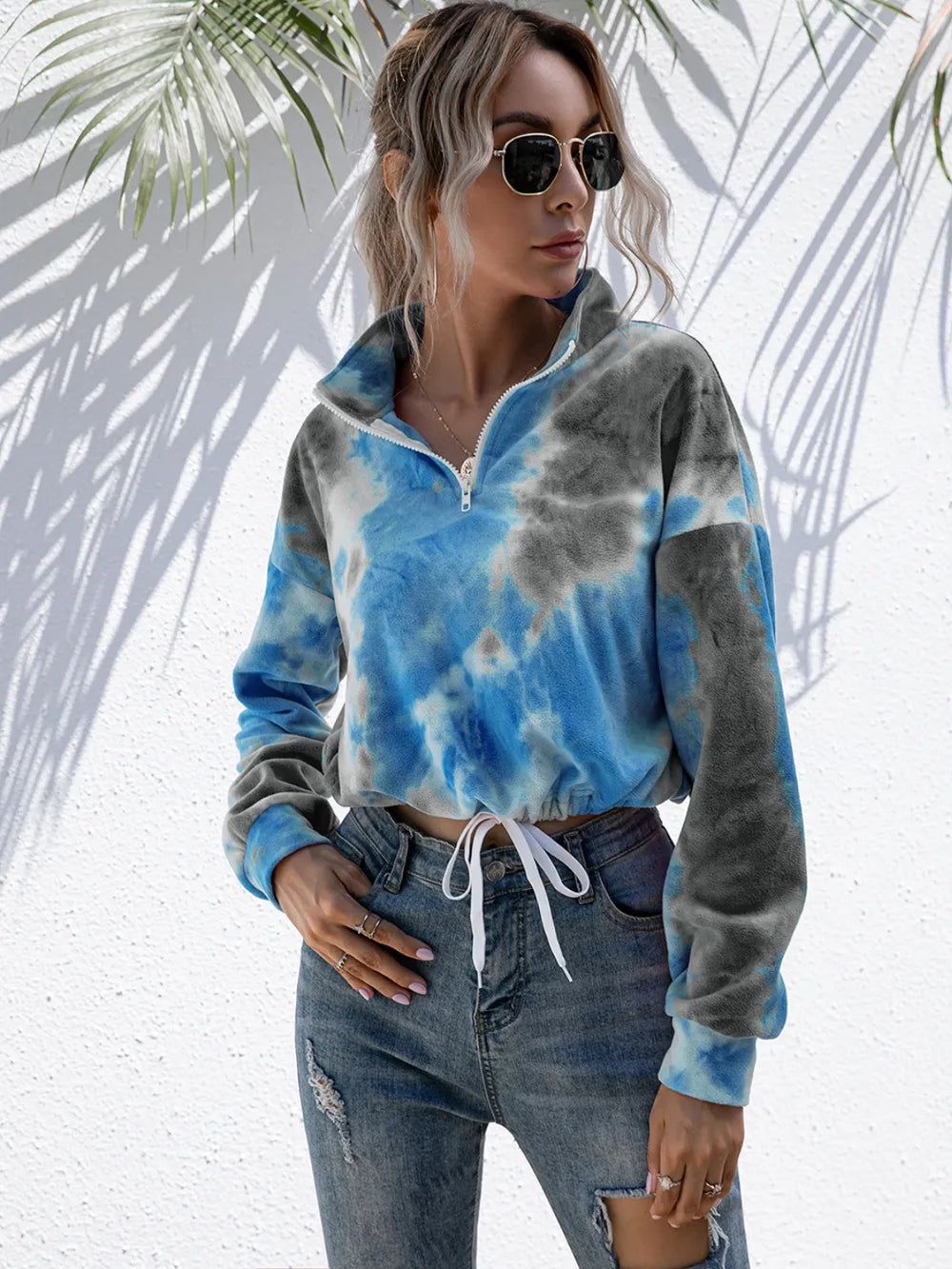 Ivy Lane Tie-Dye Quarter Zip Dropped Shoulder Sweatshirt Trendsi
