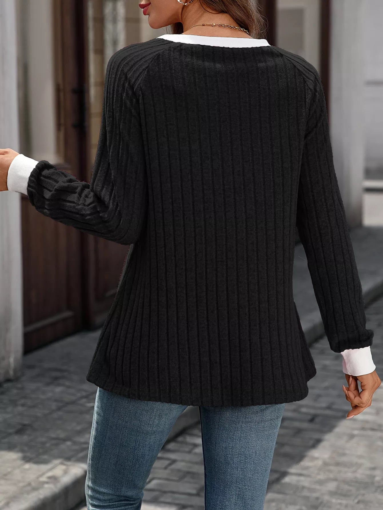 Ribbed Round Neck Raglan Sleeve Knit Top Trendsi