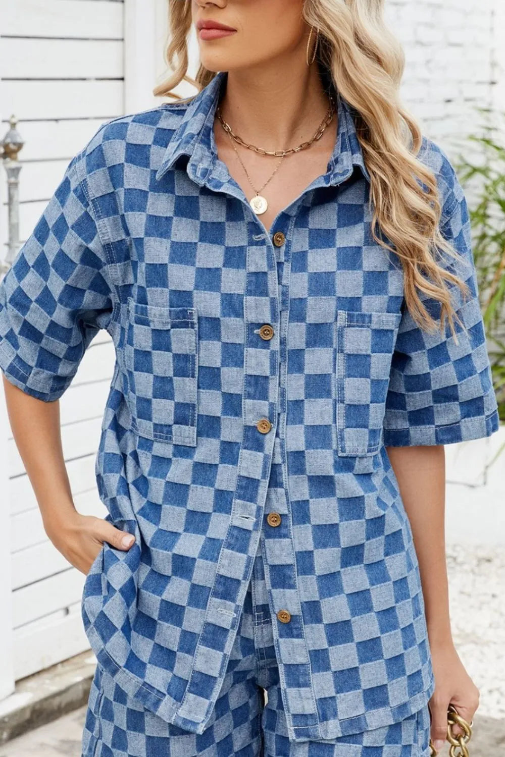 Button Down Checkered Denim Shirt Trendsi