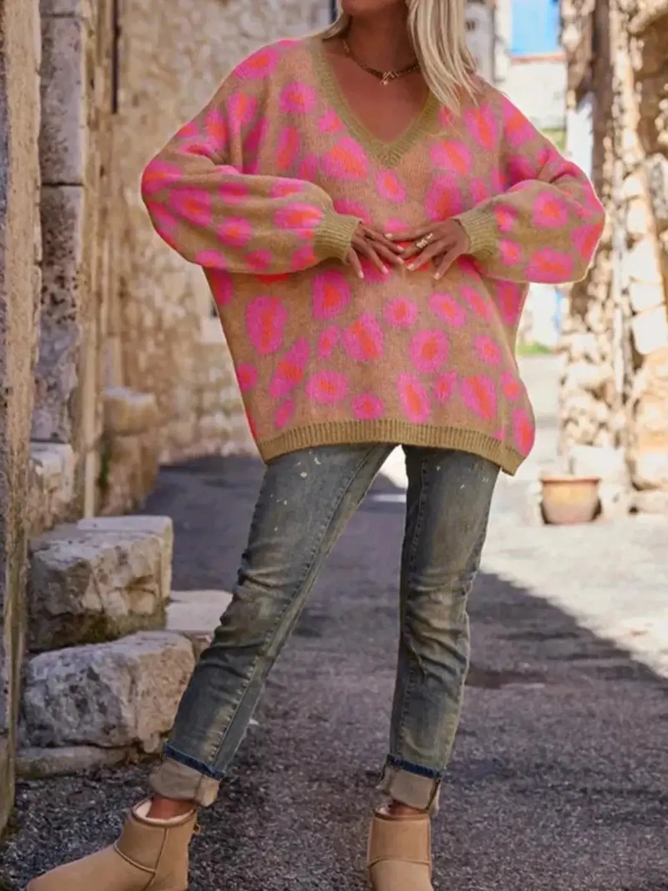Women Leopard Oversized V-Neck Sweater