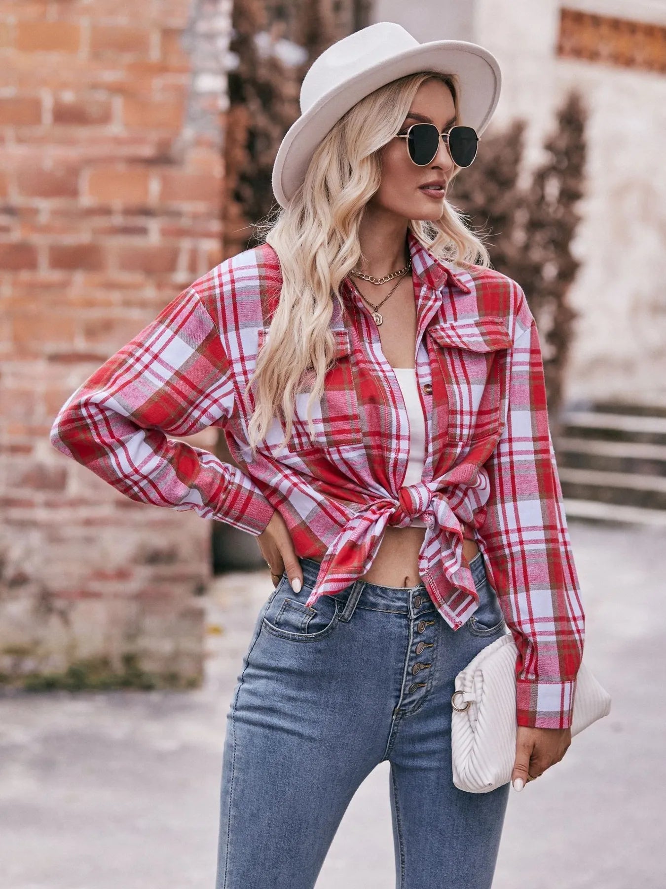 Plaid Button-Down Long Sleeve Shirt Trendsi
