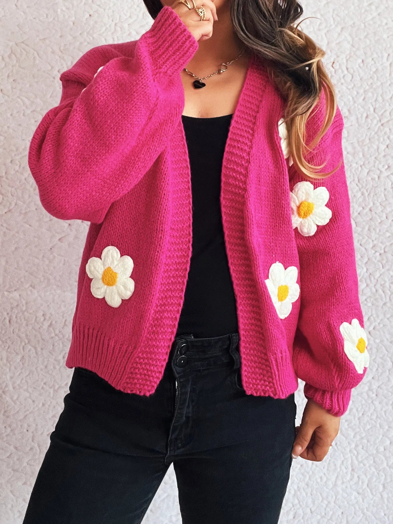 Flower Open Front Long Sleeve Cardigan