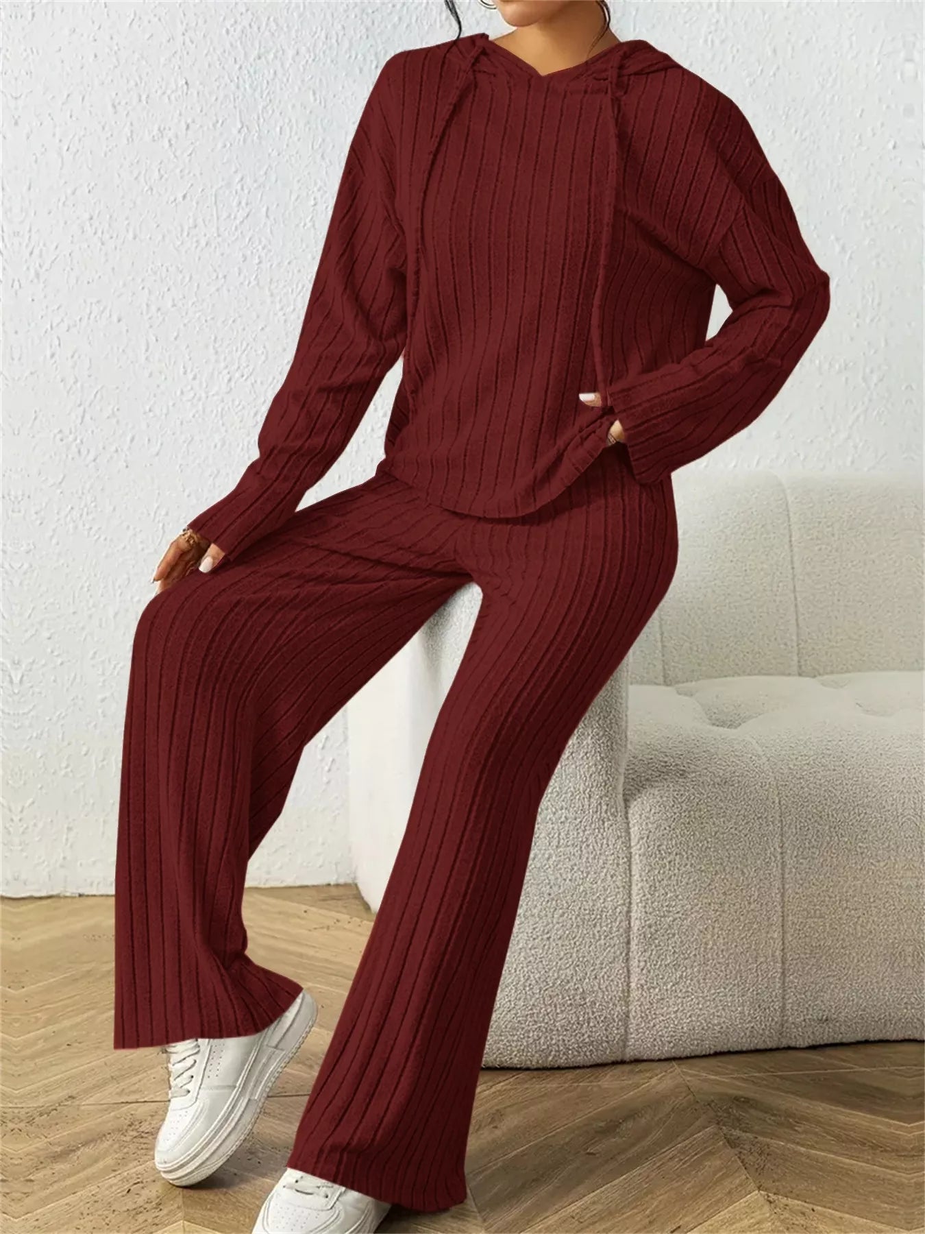 Ribbed Drawstring Hoodie and Pants Set Trendsi