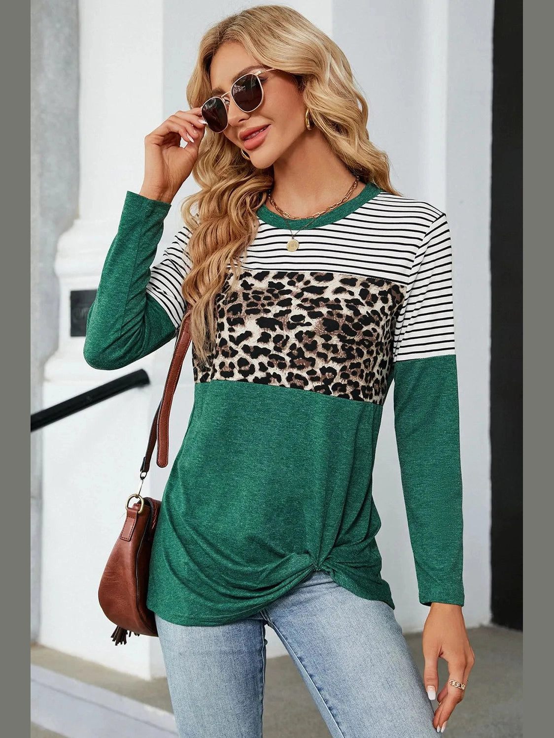 Leopard Striped Round Neck T-Shirt NicholesGifts