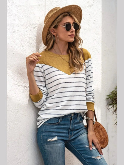 Striped Round Neck Long Sleeve T-Shirt nicholesgifts
