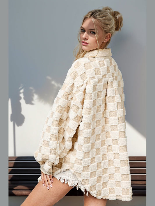 Women Double Take Button Up Fuzzy Checkered Shacket nicholesgifts