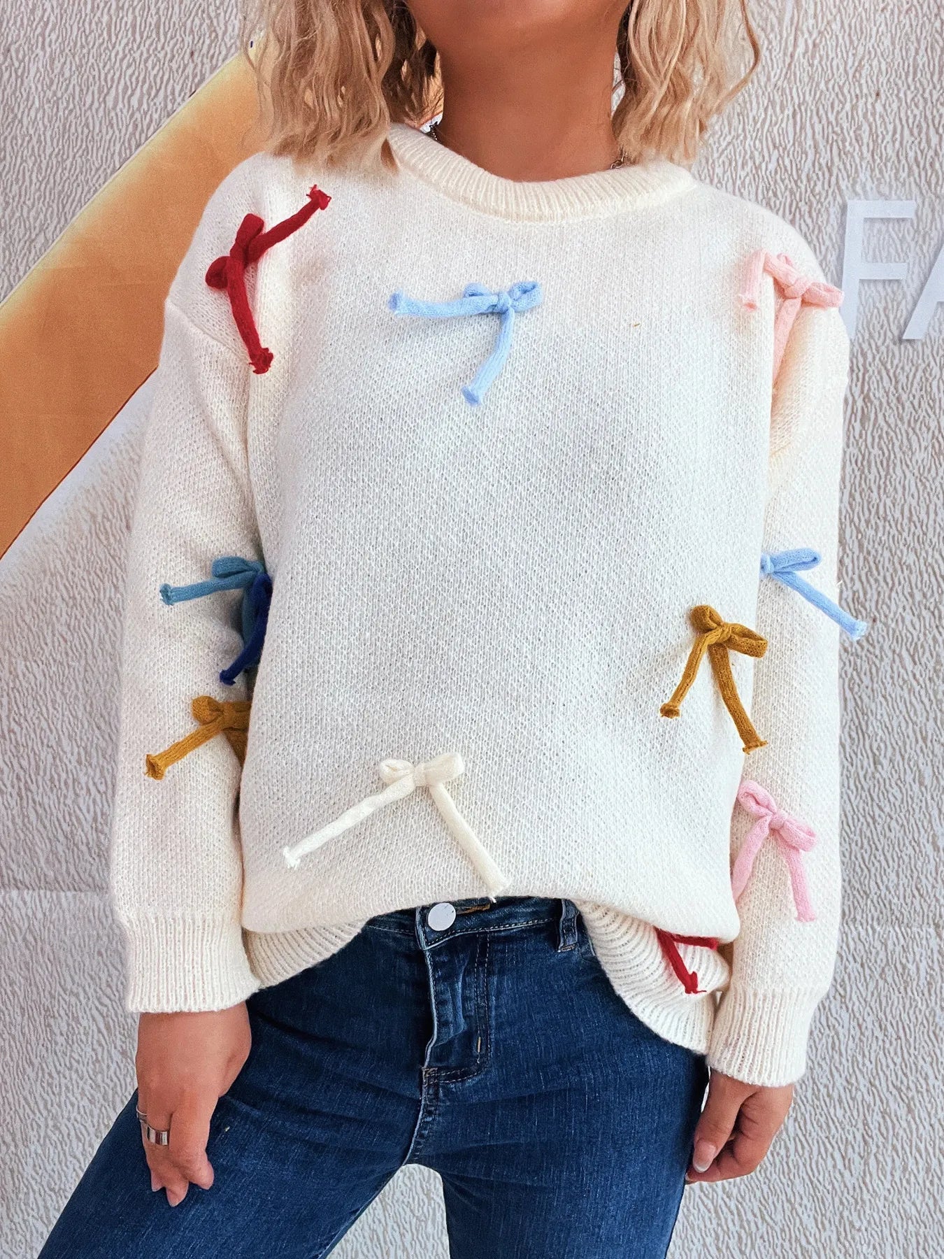 Colorful Bow Round Neck Sweater