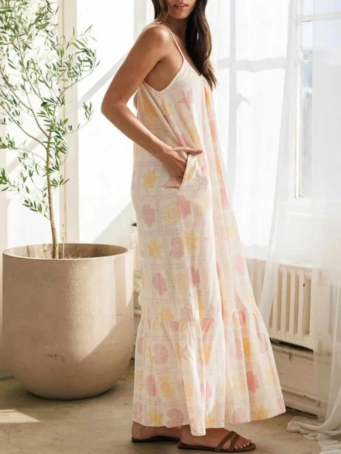 Printed Maxi Lounge Dress with Ruffled Hem nicholesgifts