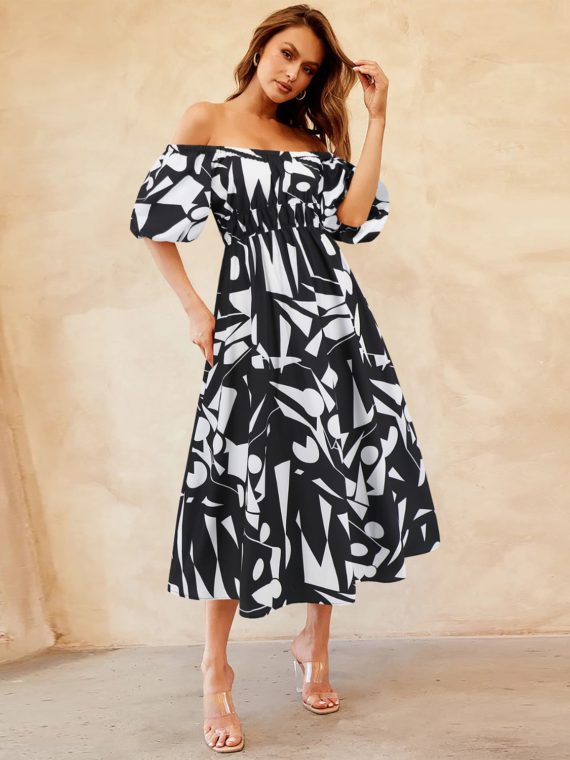 Printed Off-Shoulder Balloon Sleeve Dress nicholesgifts