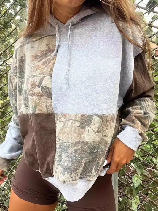 Full Size Drawstring Patchwork Long Sleeve Hoodie Trendsi