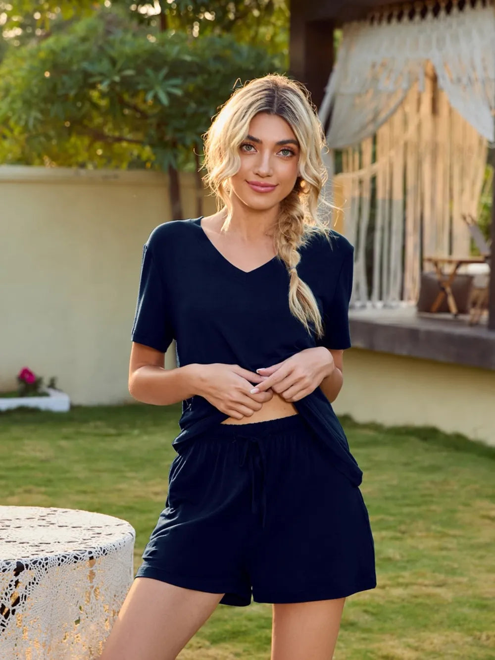V-Neck Short Sleeve Top and Pocketed Shorts Lounge Set nicholesgifts
