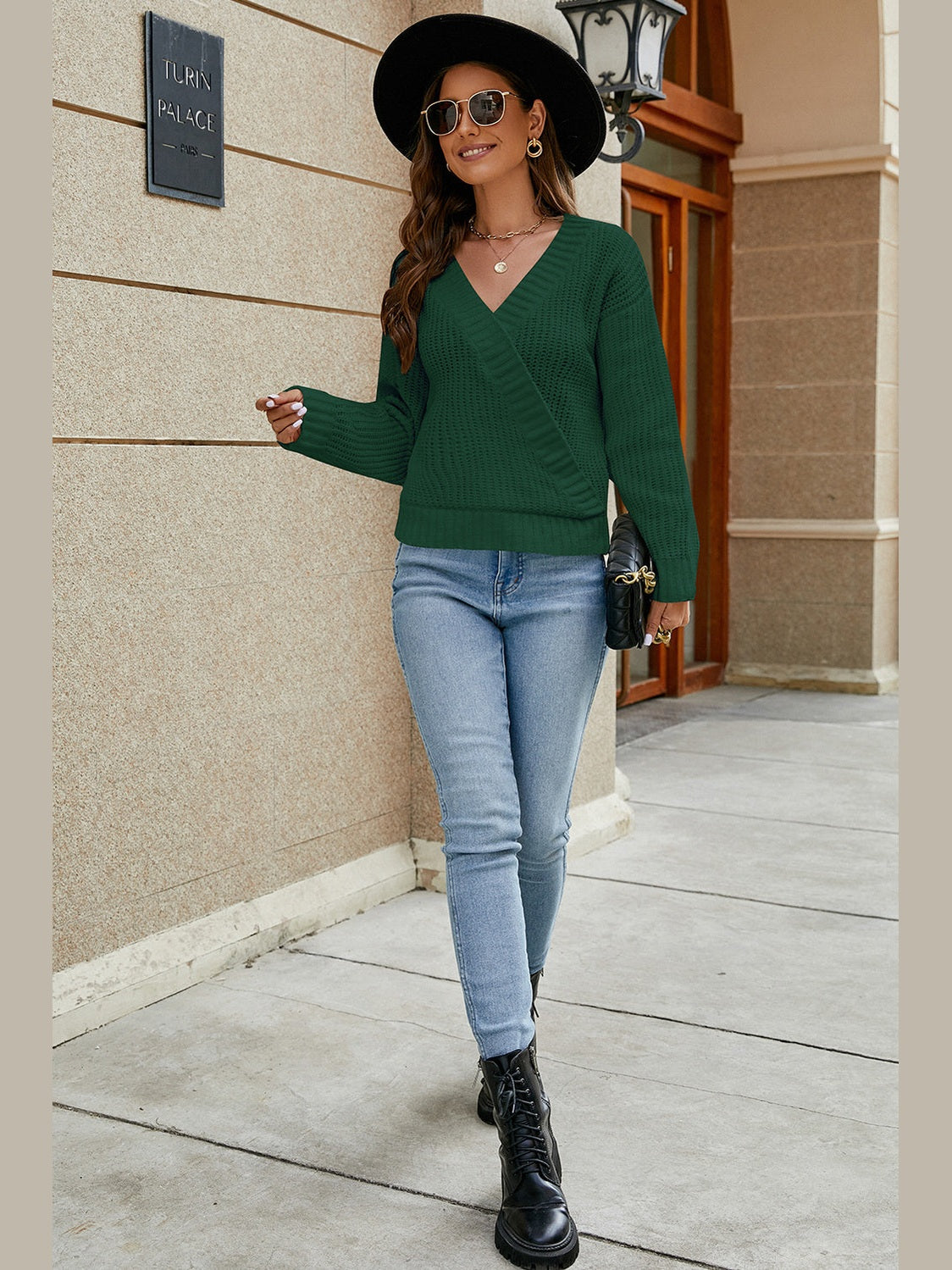 Openwork Surplice Long Sleeve Sweater Trendsi