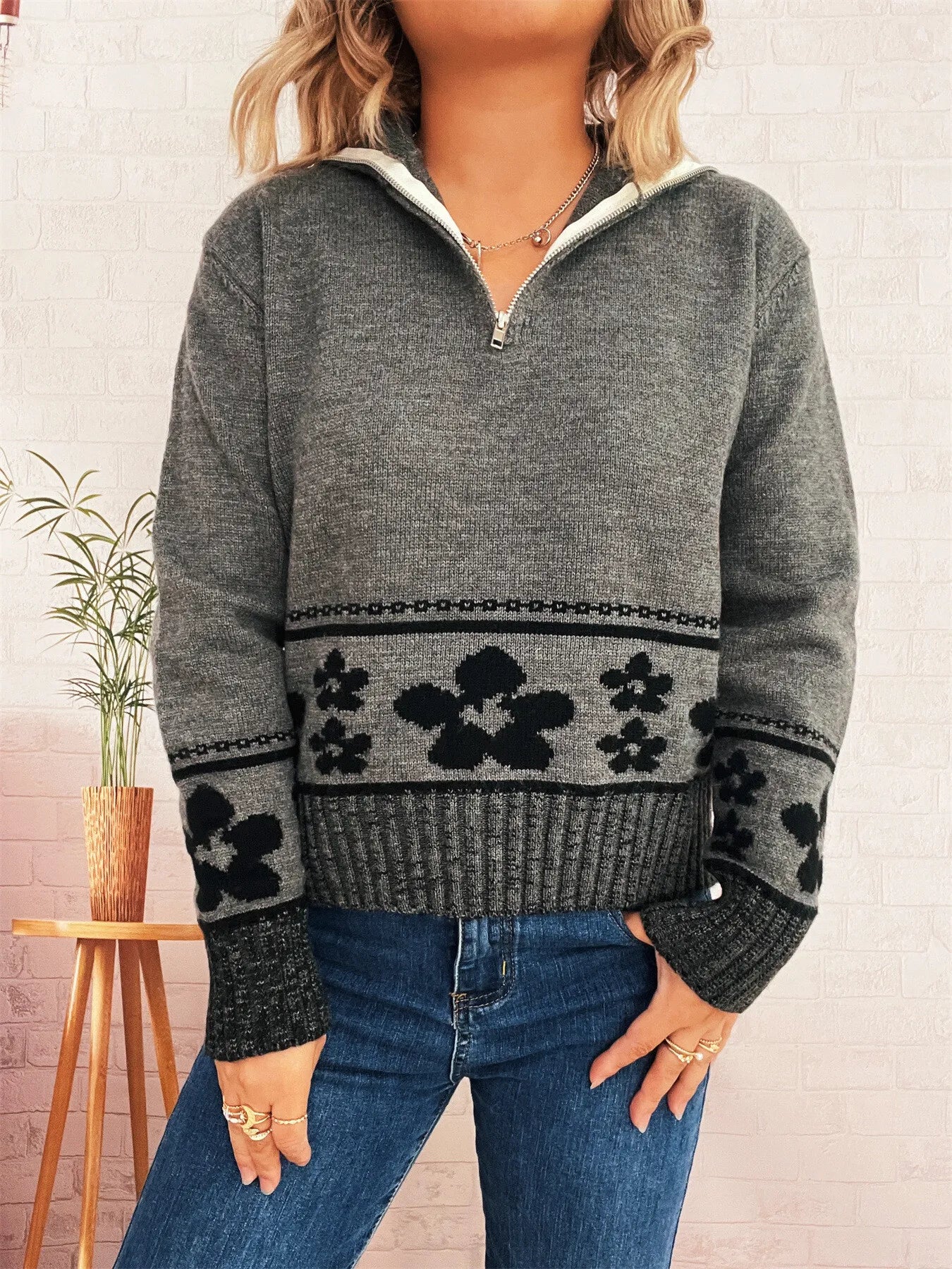 Flower Zip Collar Long Sleeve Sweater