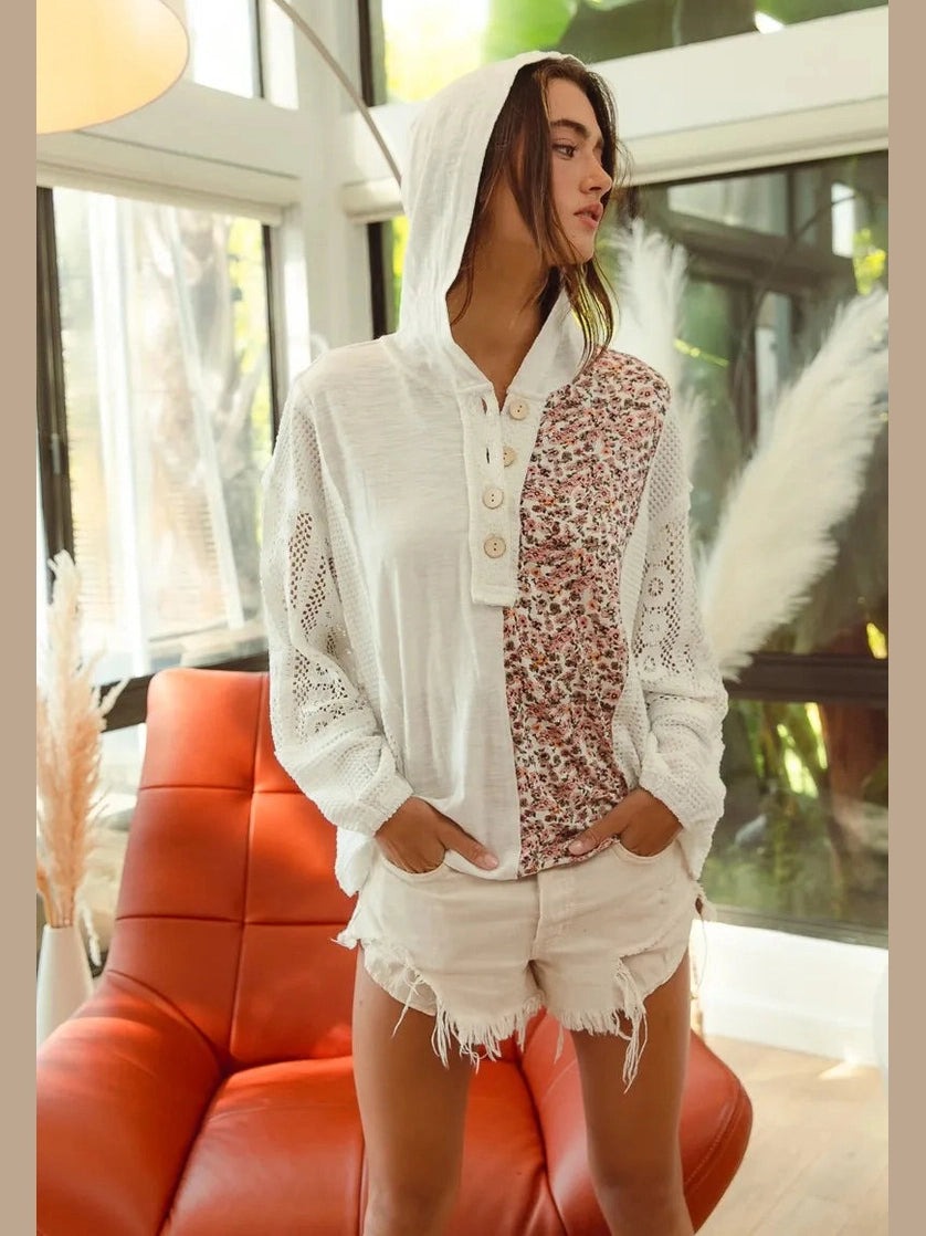 BiBi Slub Jersey with Lace Combo Buttoned Hoodie Top