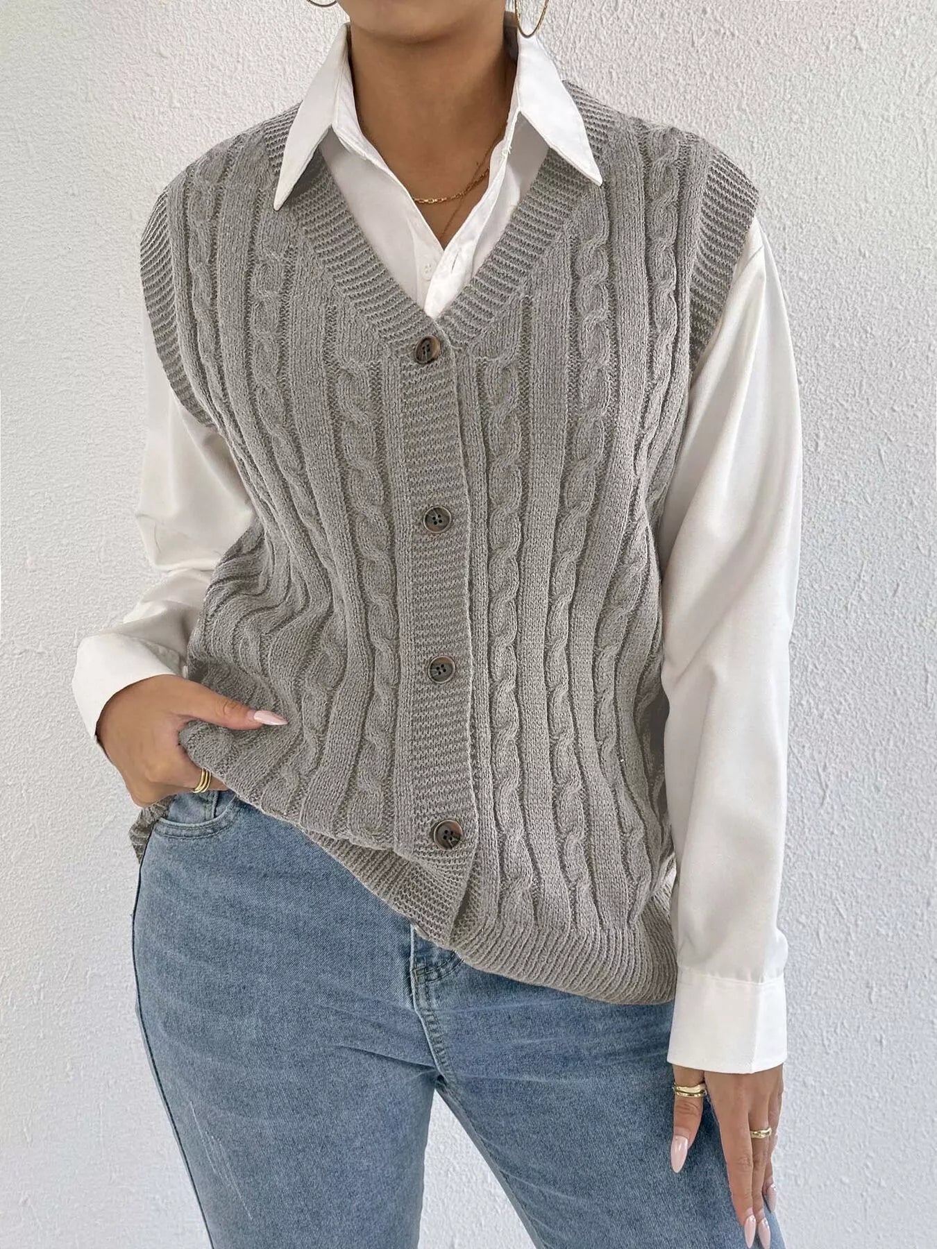 Cable-Knit Button-Up Sweater Vest nicholesgifts