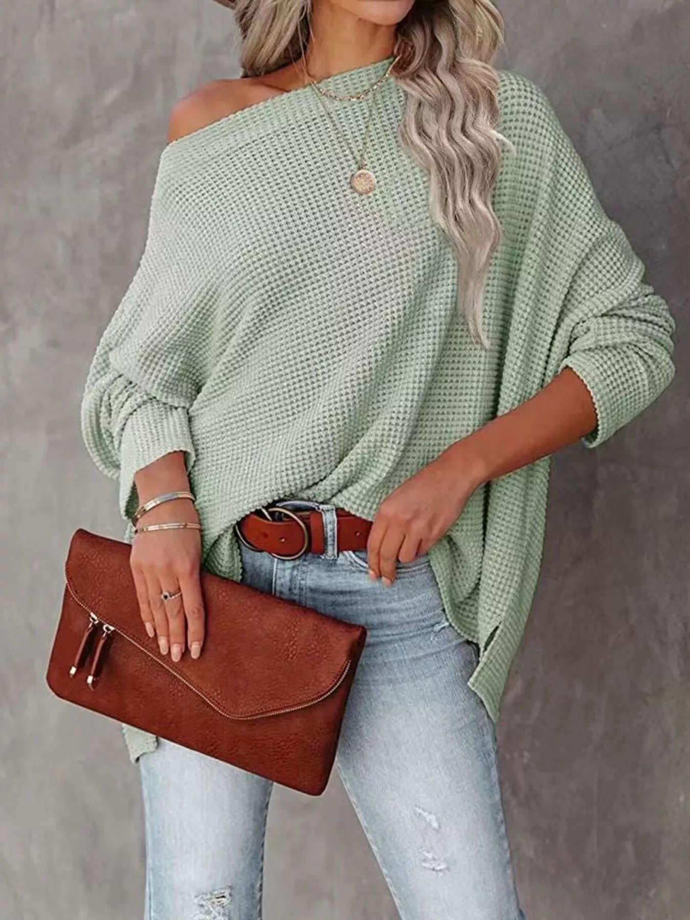 Waffle Knit Boat Neck T-Shirt nicholesgifts