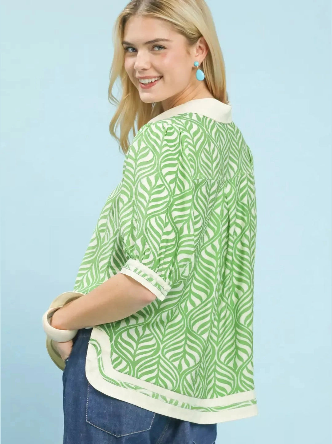 Umgee Geometric Leaf Print Popover Top nicholesgifts