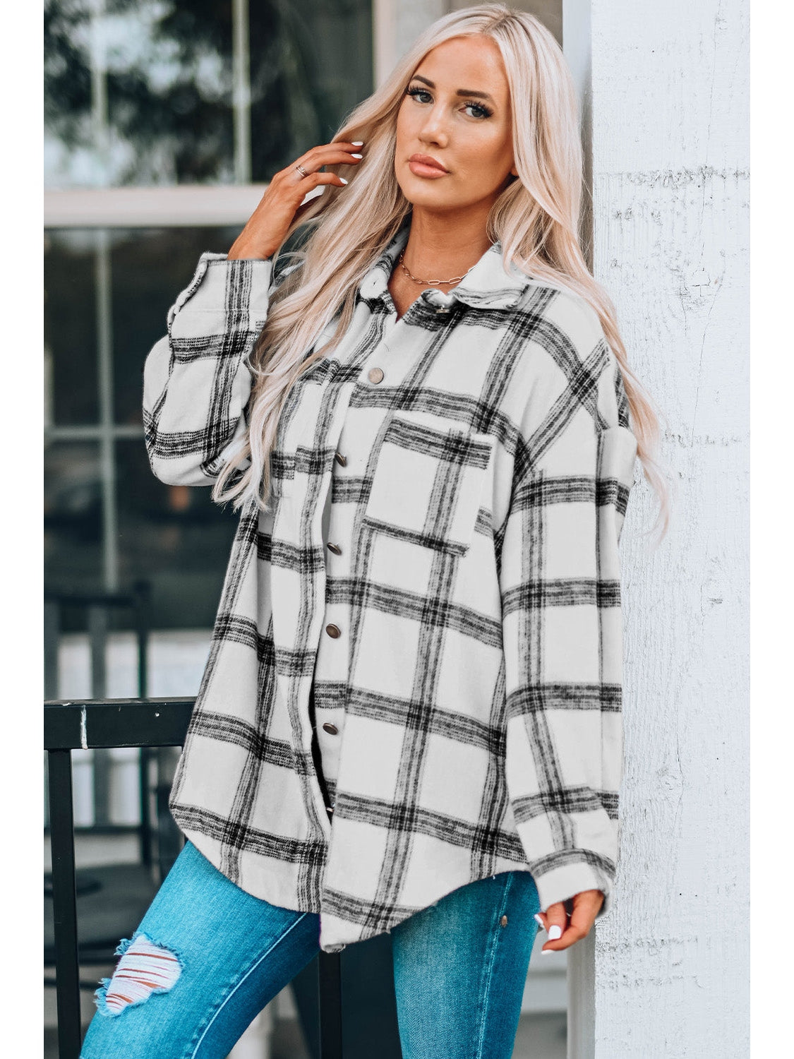 Plaid Curved Hem Dropped Shoulder Longline Shirt Jacket nicholesgifts