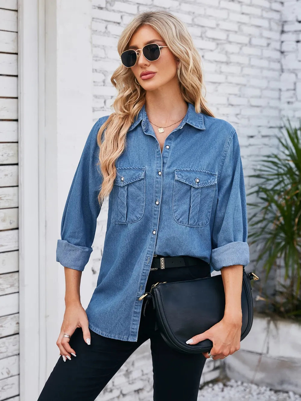 Button Up Collared Neck Denim Jacket Trendsi