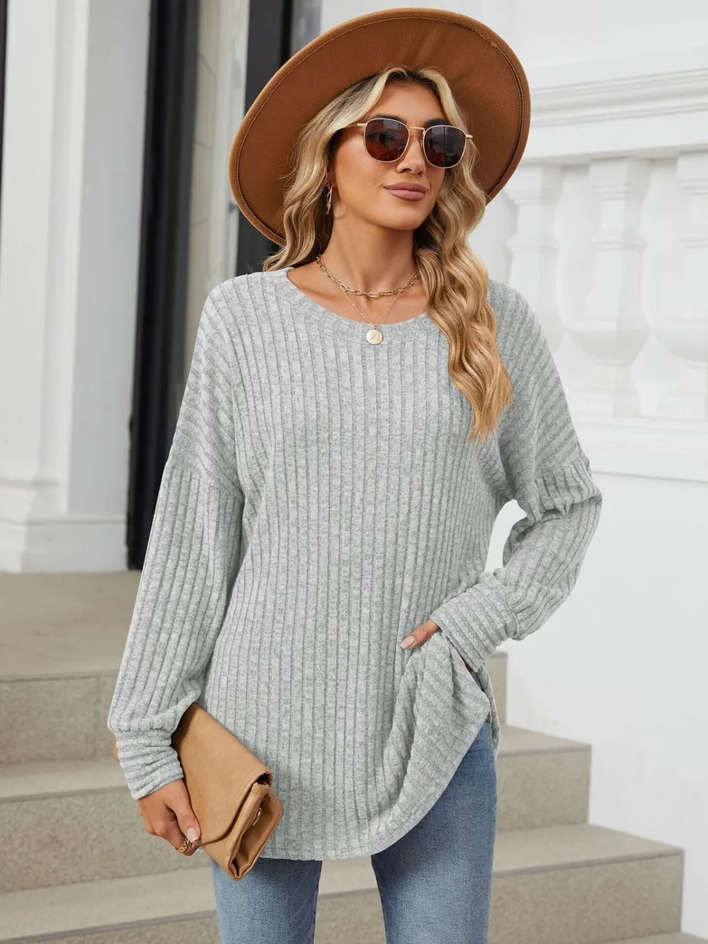 Ribbed Round Neck Long Sleeve T-Shirt NicholesGifts