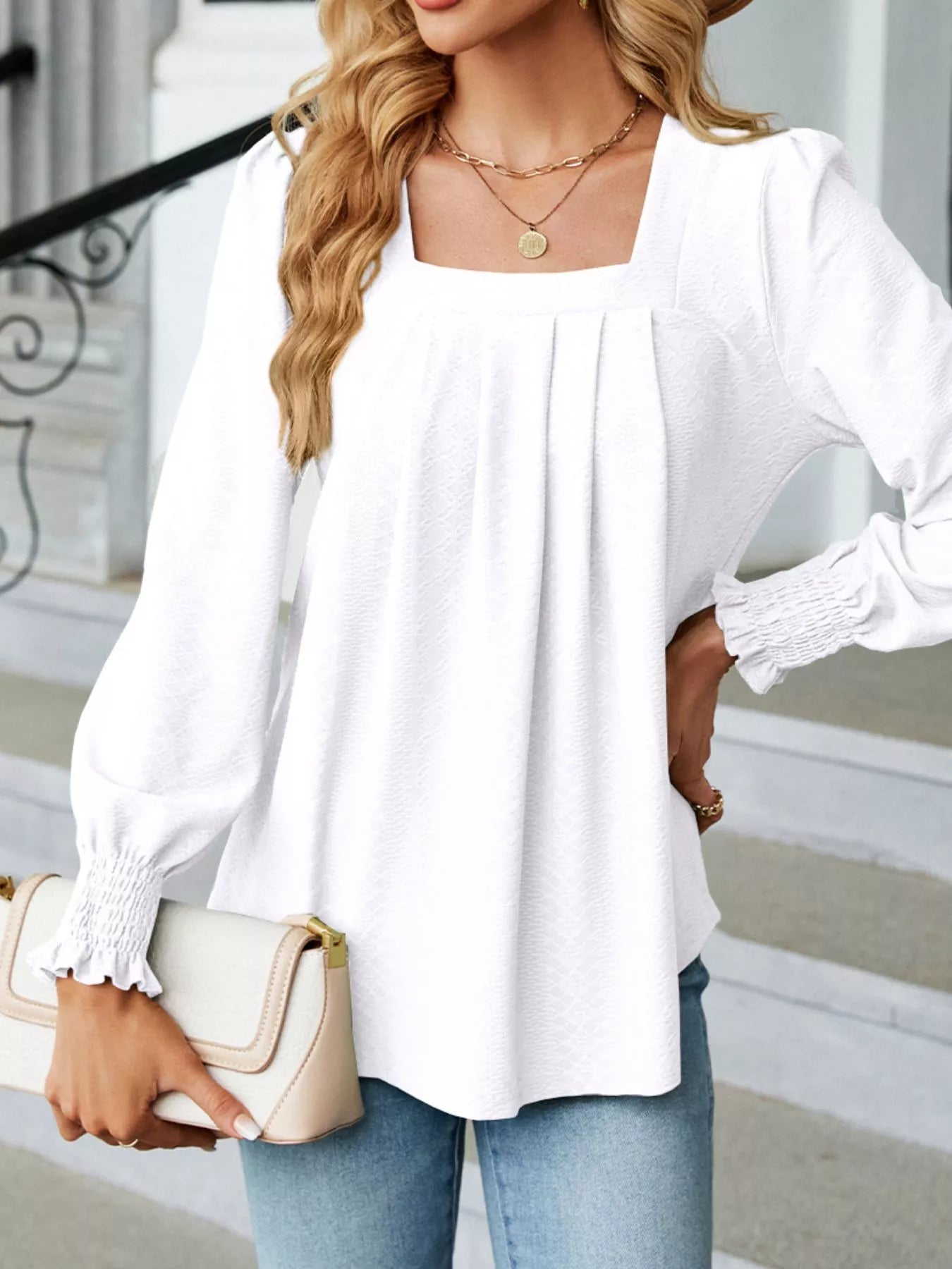Pleated Square Neck Long Sleeve Top Trendsi
