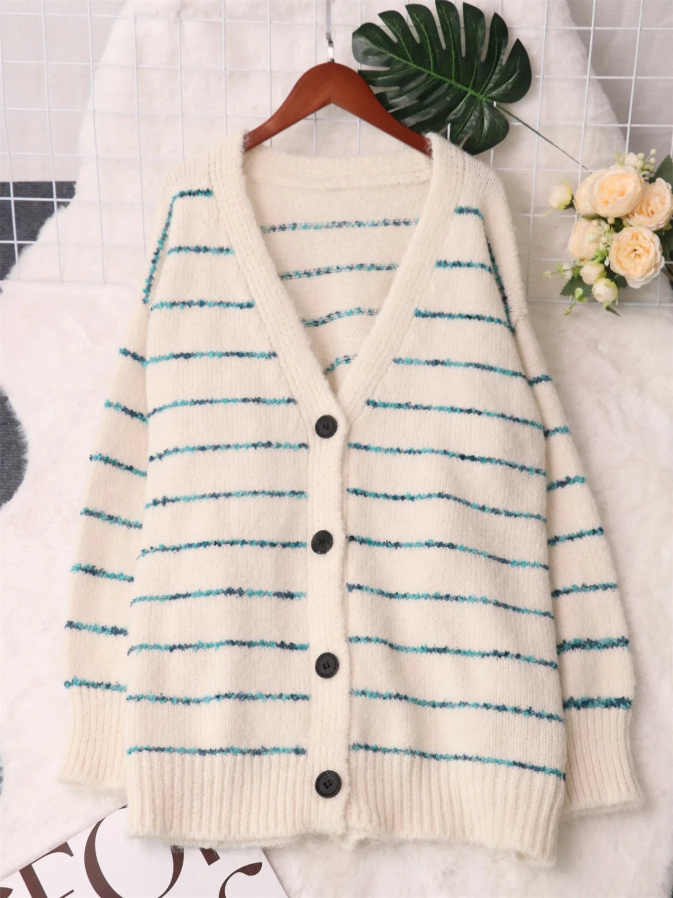 Striped Button-Up Cardigan with V-Neck Design