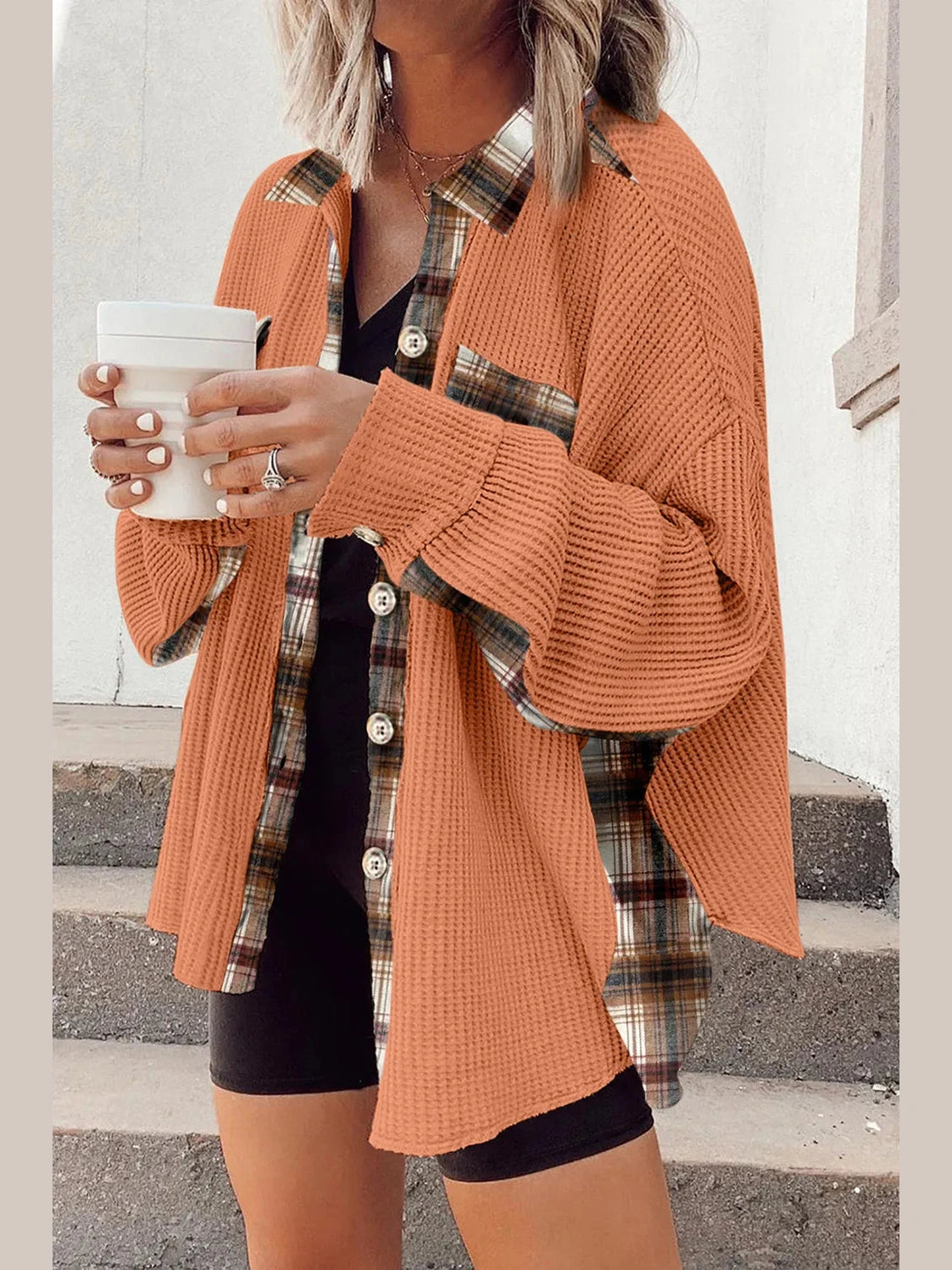 Plaid Button Down Collared Jacket nicholesgifts