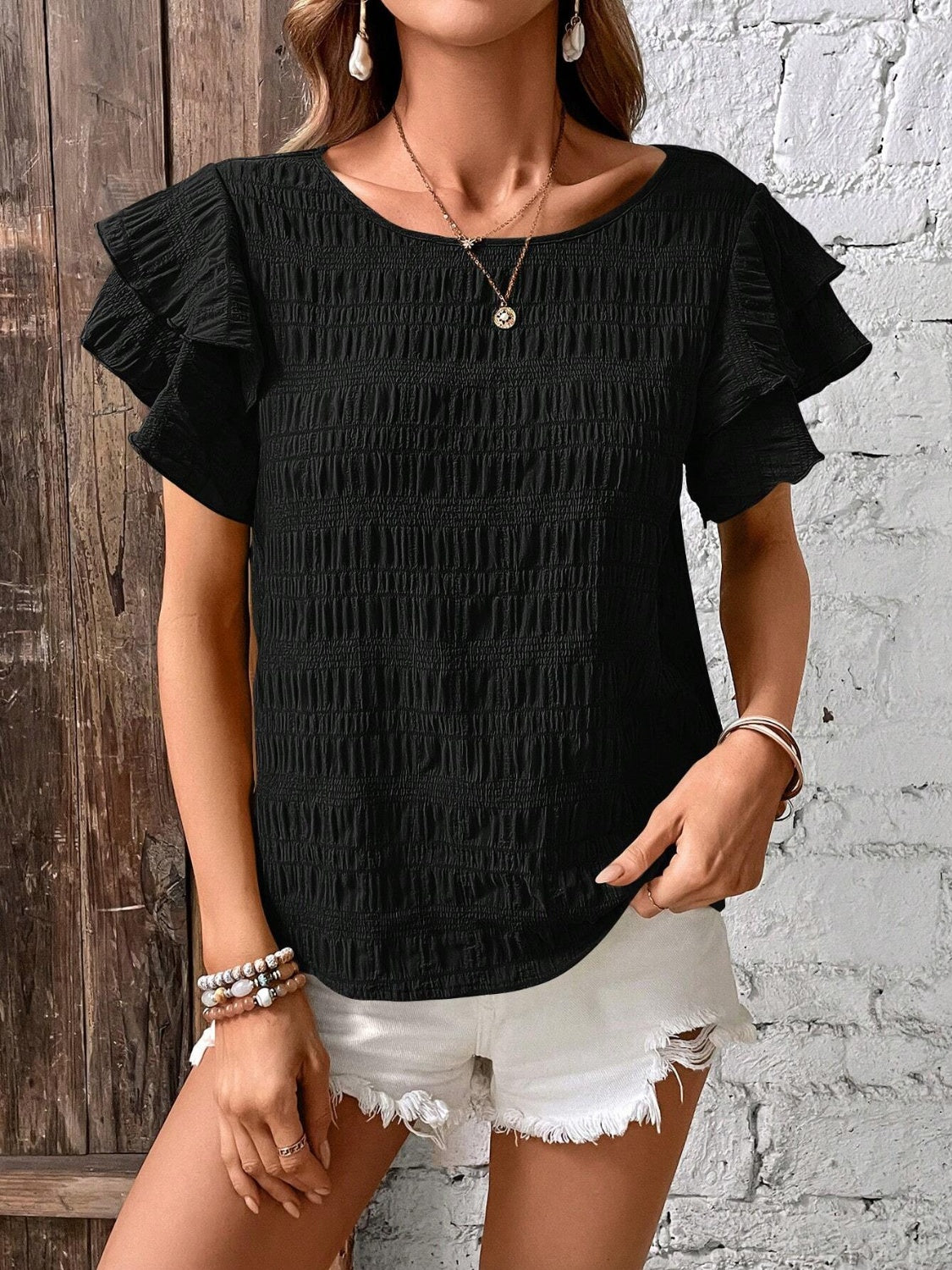 Women Round Neck Flounce Sleeve Blouse nicholesgifts