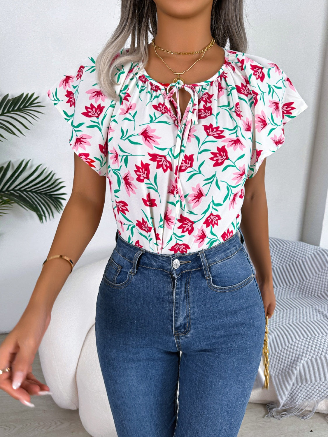 Floral Tie Neck Flutter Sleeve Blouse nicholesgifts