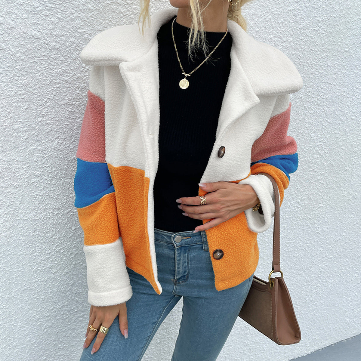 Shiny Color Block Button Down Collared Jacket NicholesGifts