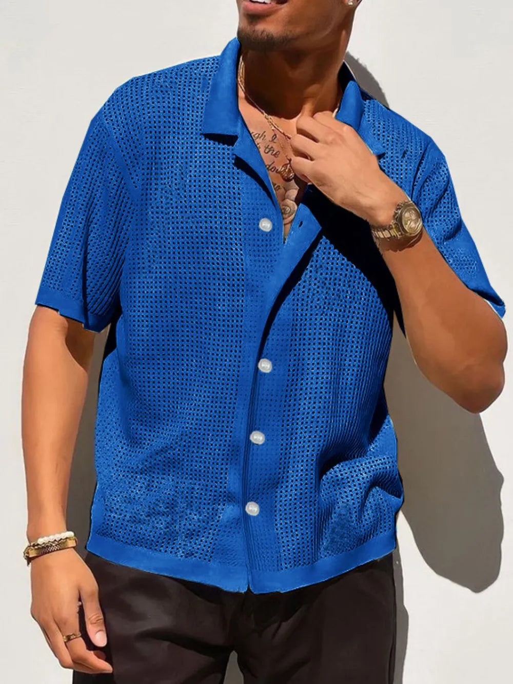 Men's Full Size Openwork Button Down Collared Neck Shirt Plus Size NicholesGifts
