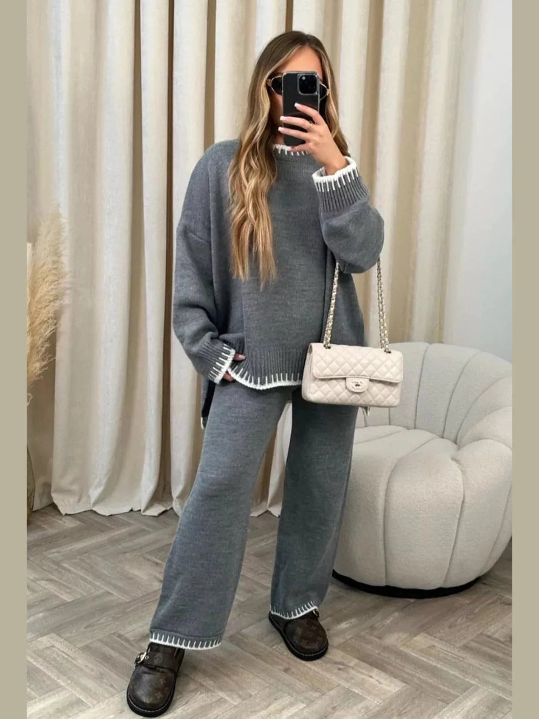 Contrast Trim Round Neck Top and Pants Sweater Set nicholesgifts