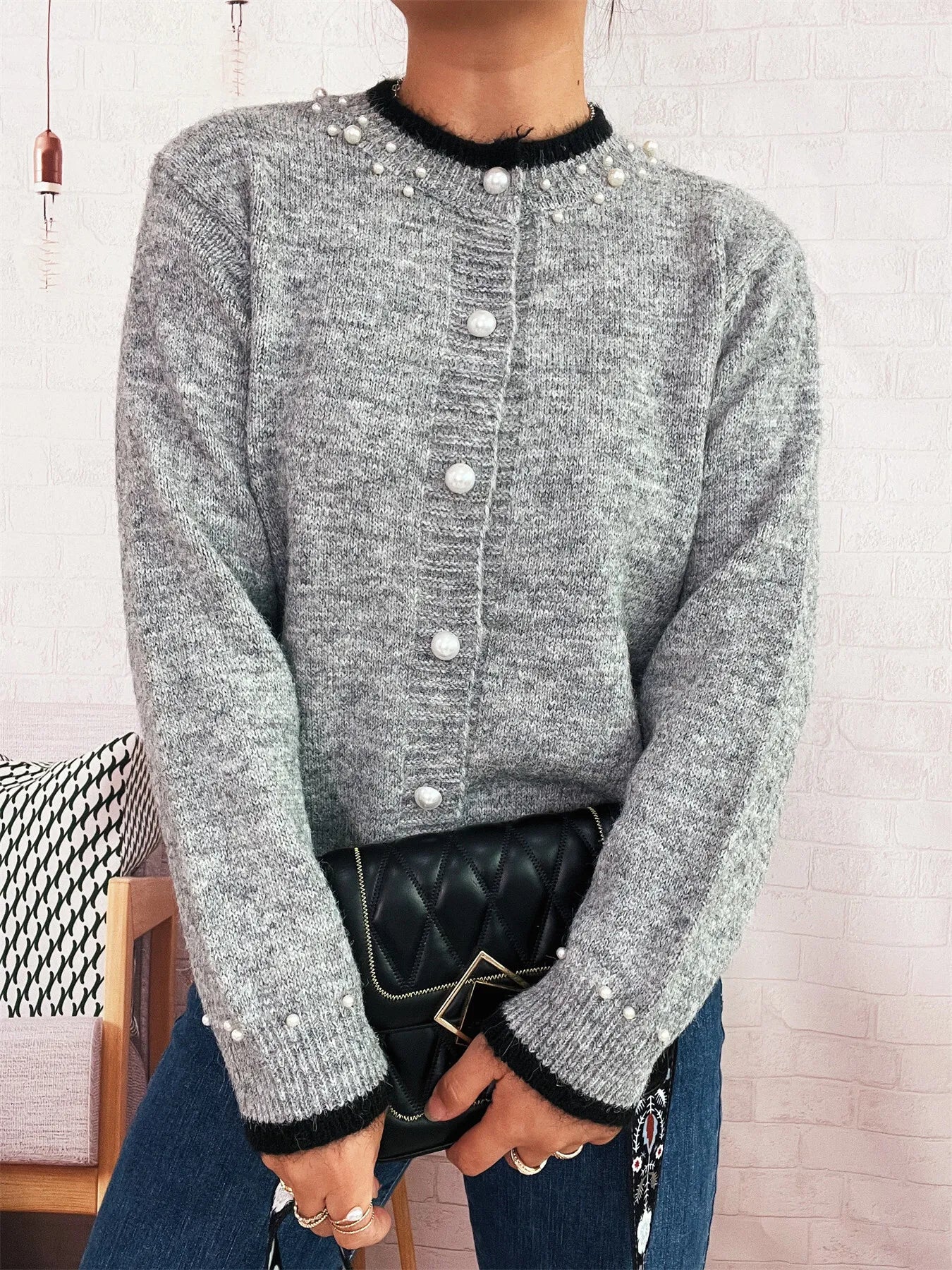 Pearl Embellished Button-Front Cardigan Trendsi