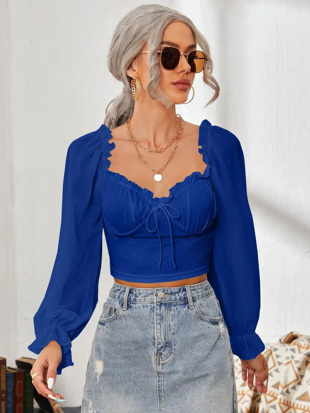 Mesh Sweetheart Neck Flounce Sleeve Top NicholesGifts